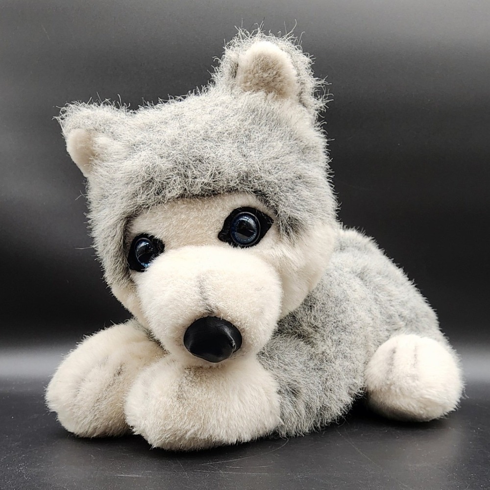 Grey Husky Wolf Plush Realistic Dog Stuffed Animal Woodland Cabin Rustic